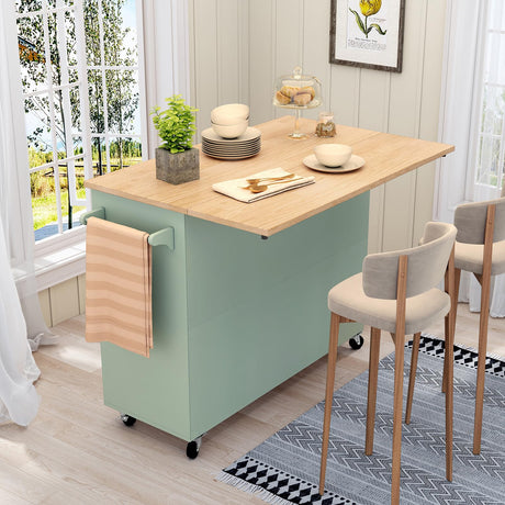 HLR Kitchen Island with Storage, Sage Green Rolling Kitchen Cart on Wheels with Drop-Leaf Bar Countertop, Islands Prep Table with Side Open Spice Rack and Tower Rack, Extra Storage for Kitchen HLR