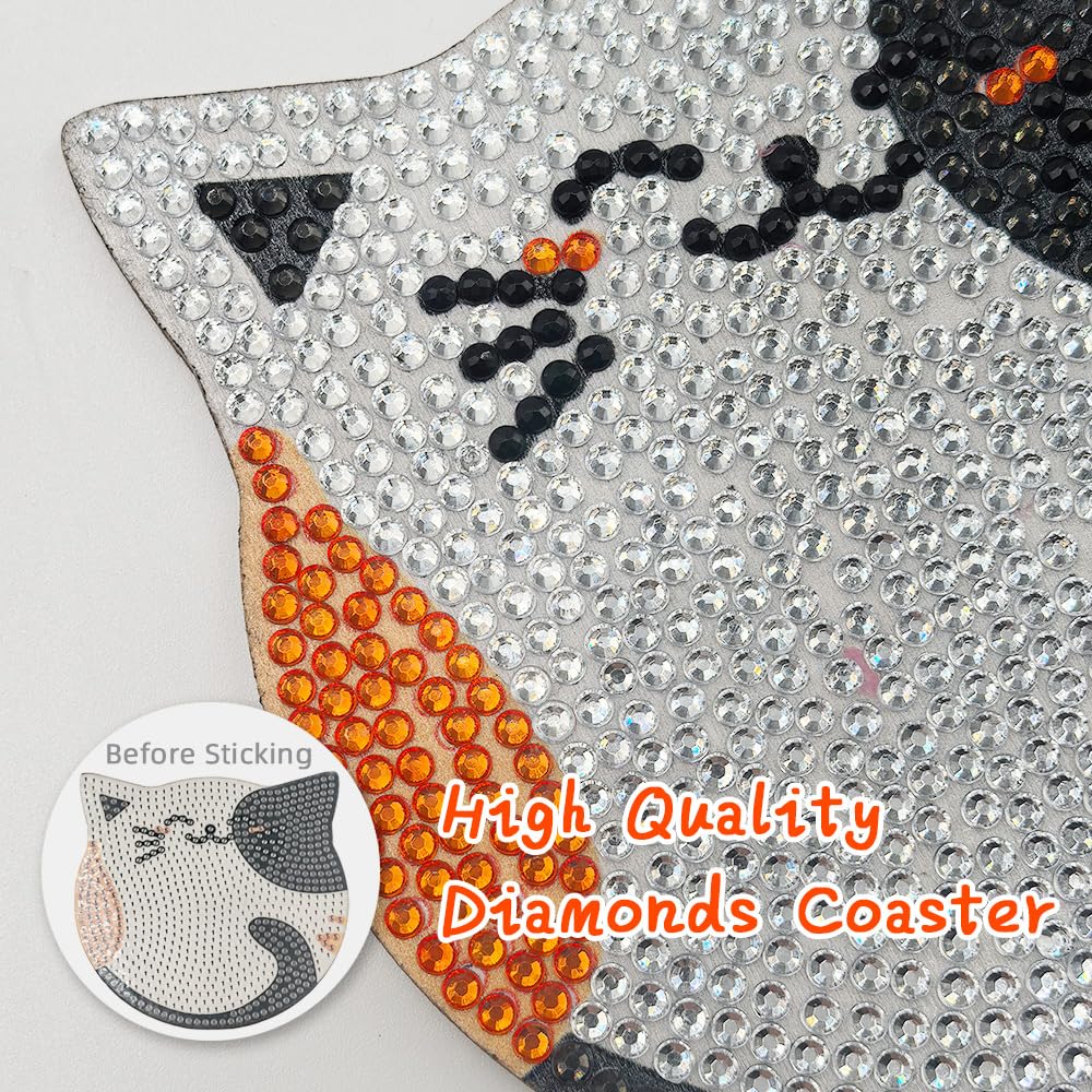 JUNIPLTER 6 PCS Cat Diamond Painting Coasters Kits with Double Tools, DIY Diamond Art Kits for Adults Kids Beginners, Cat Diamond Art Coasters Non-Slip & Heat Insulation, Perfect Holiday Gift JUNIPLTER