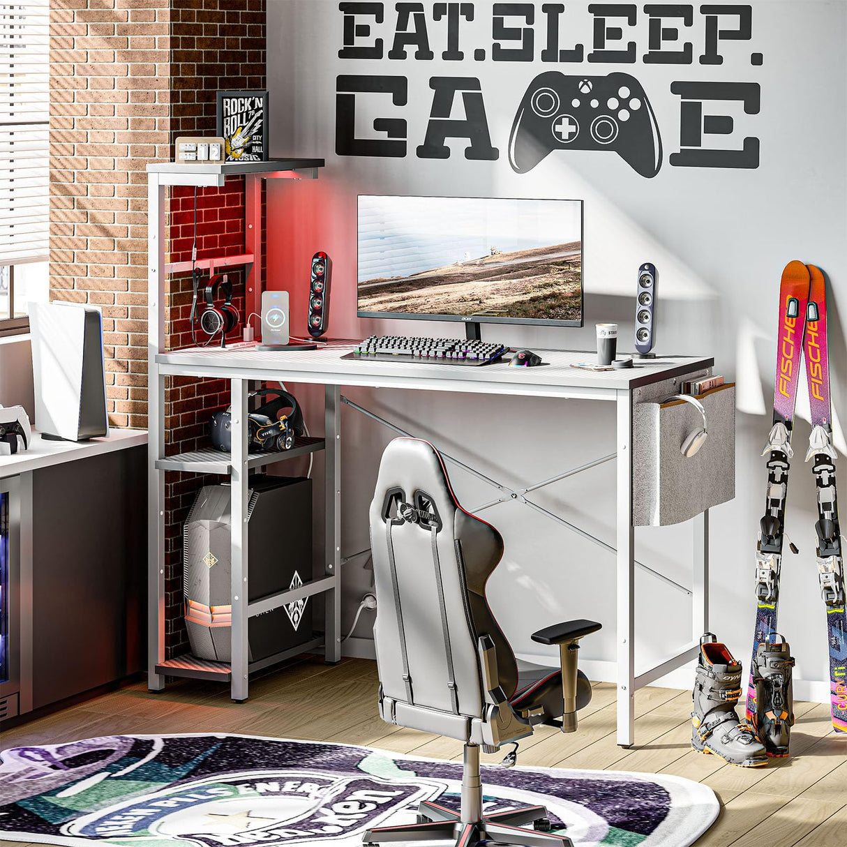 Bestier Gaming Desk with Power Outlets, 44 Inch Led Gamer Desk with 4 Tiers Reversible Shelves, PC Gaming Table with Headset Hook & Side Storage Bag for Bedroom (Grey 3D Carbon Fiber) Bestier