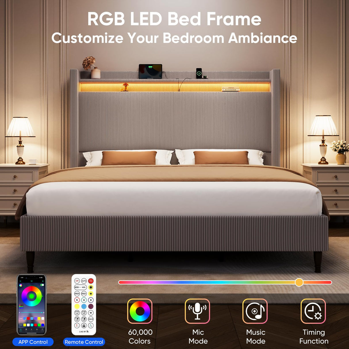 King Bed Frame with 55.3" Tall Headboard, Corduroy Upholstered Platform Bed with LED Lights & Charging Station, Wingback Storage Headboard, Solid Wood Slats,Noise Free,No Box Spring Needed,Gray Brown Welzona