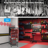 JUNNUJ Large Power Tool Organizer Cart with Charging Station, Garage Floor Standing Rolling Drill and Tools Battery Storage Cart on Wheels, Heavy Duty Utility Rack Shelf with 8 Outlet Power Strip, Red JUNNUJ