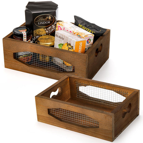 Okllen Set of 2 Wooden Nesting Countertop Baskets, Decorative Wood Storage Box Farmhouse Rustic Crate with Cutout Handles for Bread, Fruit, Vegetables, Kitchen, Bathroom, Pantry Supplies, Brown Okllen
