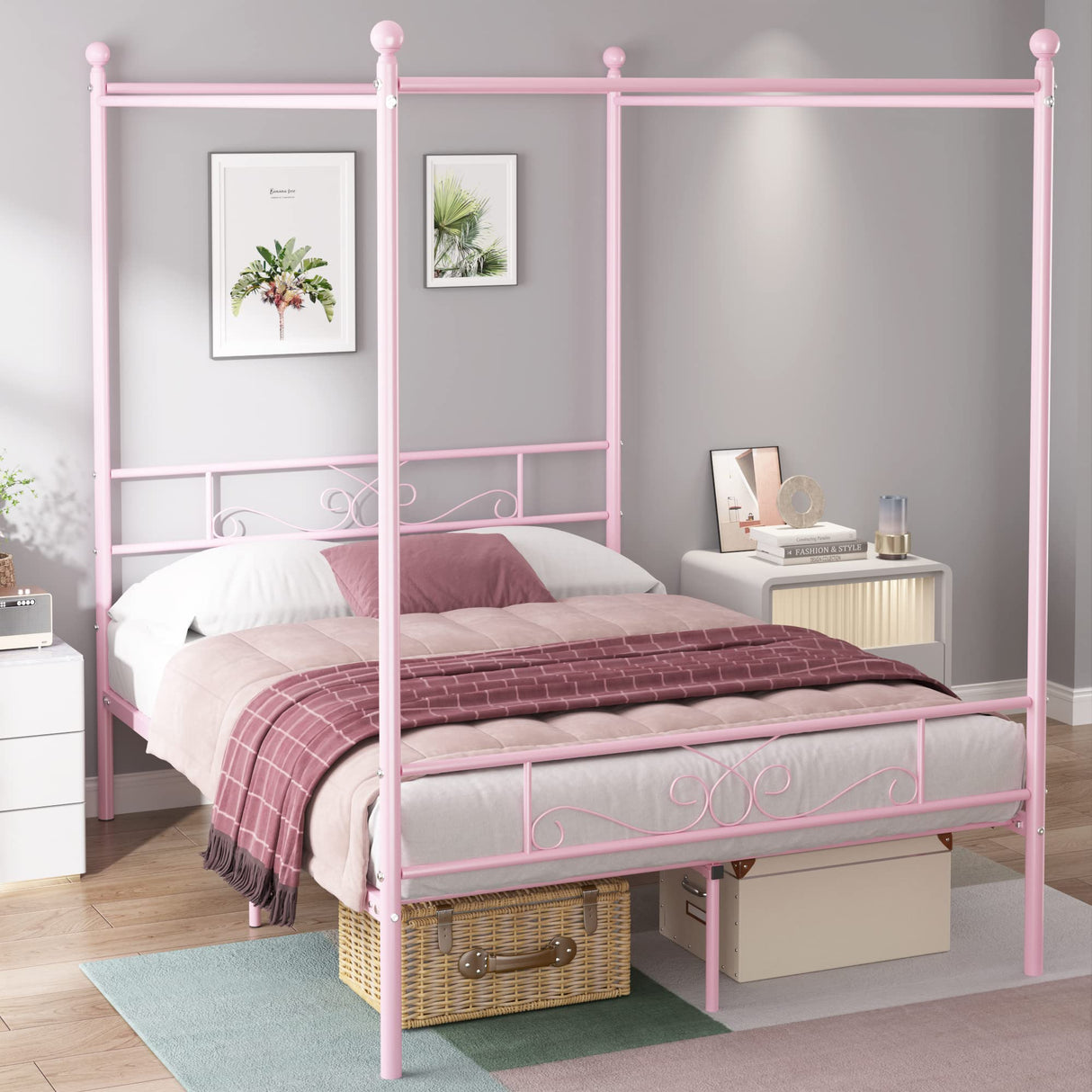 Weehom Full Canopy Bed Frame with Headboard and Footboard, 4 Posters Metal Bed Frame, No Box Spring Needed, Mattress Foundation Platform Bed for Kids and Adults, Pink Weehom