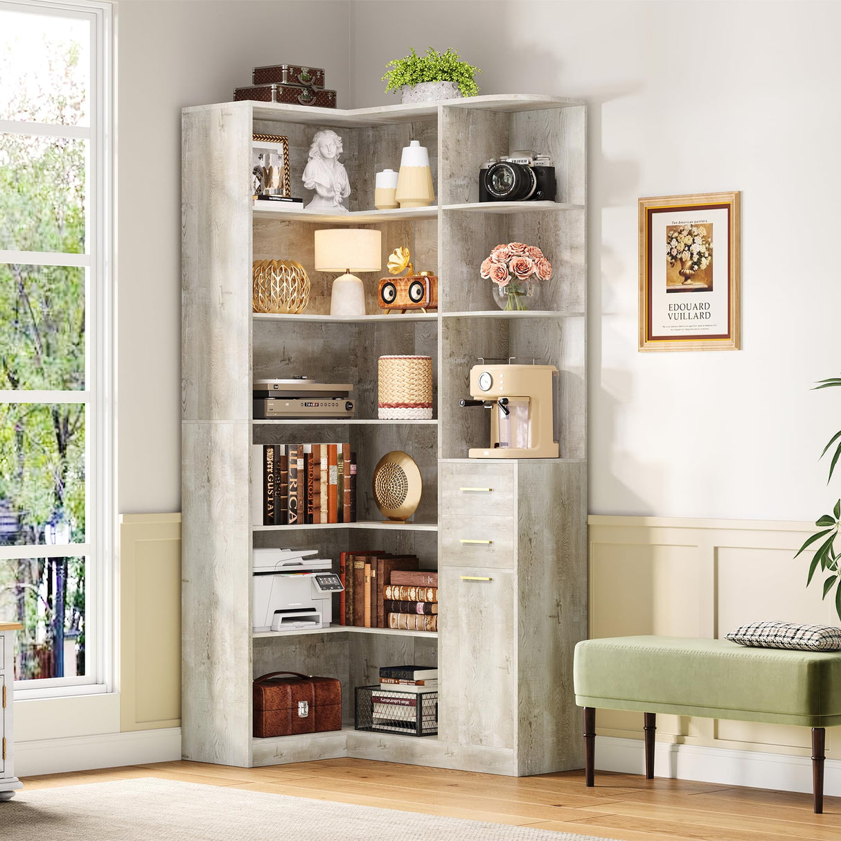 IRONCK Corner Bookshelf, 76" Tall Corner Bookshelves, 6 Tiers L-Shaped Bookcase with 10 Open Shelves and 2 Storage Drawers for Living Room or Home Office IRONCK