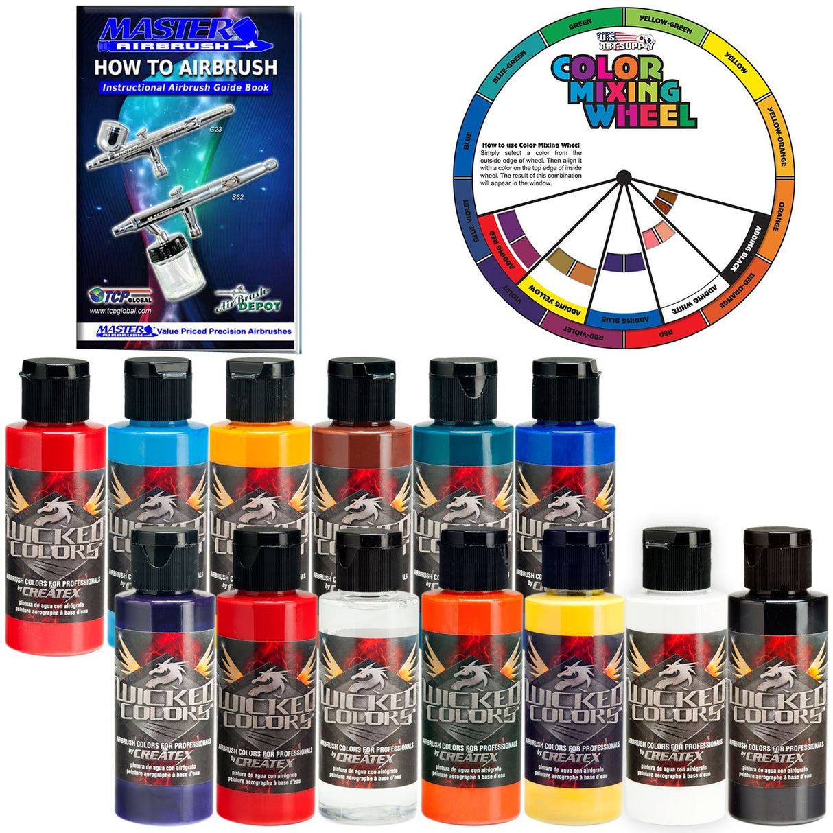 Createx Top 12 Wicked Airbrush Paint Colors and Reducer with The Master How to Airbrush Book and Color Wheel Createx