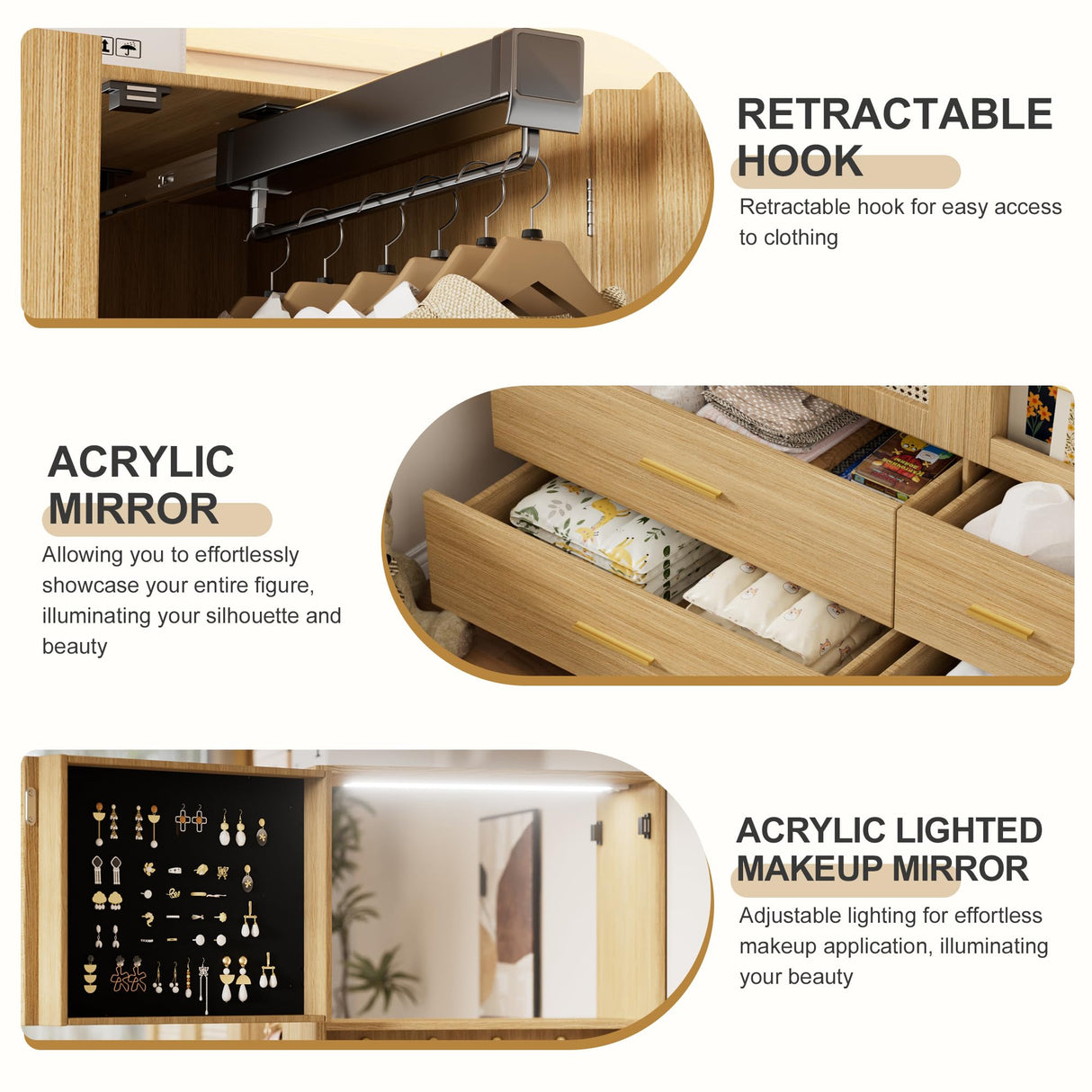 PAKASEPT 3 Doors Farmhouse Armoire Wardrobe Closet with Rattan,71'' Tall Freestanding Wooden Wardrobe Storage Cabinet for Bedroom with Hanging Rod,Vanity Mirror,Drawers,Clothes Hook,Shelves,Natural PAKASEPT