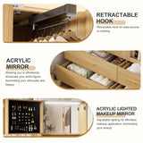 PAKASEPT 3 Doors Farmhouse Armoire Wardrobe Closet with Rattan,71'' Tall Freestanding Wooden Wardrobe Storage Cabinet for Bedroom with Hanging Rod,Vanity Mirror,Drawers,Clothes Hook,Shelves,Natural PAKASEPT