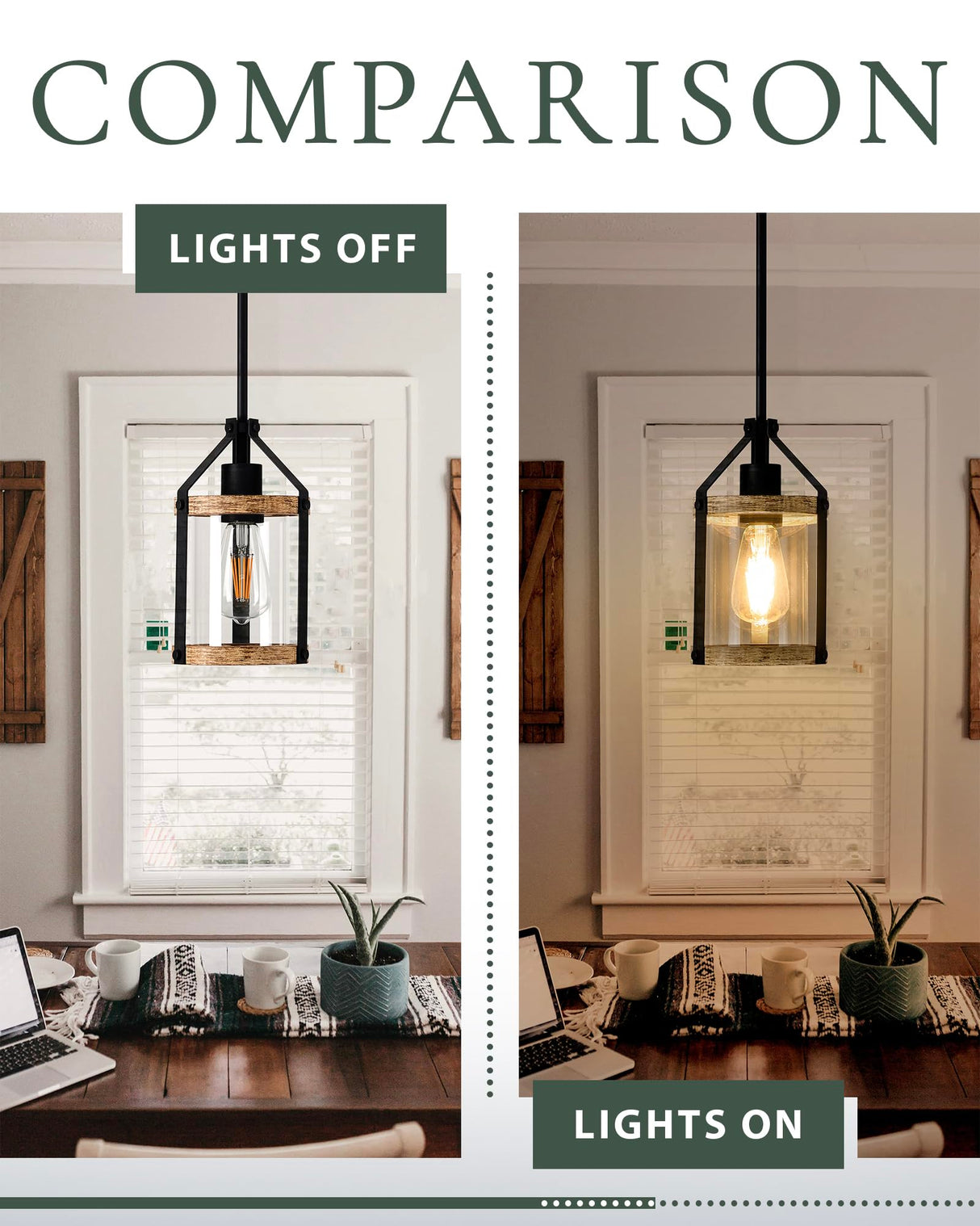 HANASS Farmhouse Pendant Light Fixtures, Wood and Glass Pendant Lighting for Kitchen Island, Rustic Hanging Lights MD89418-B HANASS