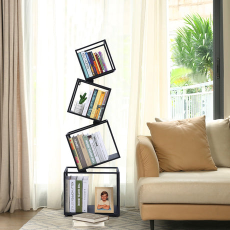 Bookshelf, 4-Tier Geometric Black Bookcase, 49" Tall Modern Corner Bookshelf, Storage Shelves for CDs/Books/Home Decor, Display Shelf for Living Room, Bedroom, Study Room, Nursery Room, Home Office Weltallina