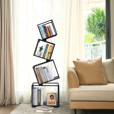 Bookshelf, 4-Tier Geometric Black Bookcase, 49" Tall Modern Corner Bookshelf, Storage Shelves for CDs/Books/Home Decor, Display Shelf for Living Room, Bedroom, Study Room, Nursery Room, Home Office