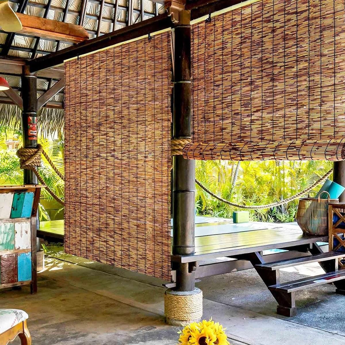 Blackout Bamboo Blinds, Bamboo Roll Up Shades for Indoor Windows, Waterproof Cordless Roller Shades Privacy Partition Outdoor Natural Reed Curtains for Home Patio Porch 32 Inch W x 66 Inch H VELLOW