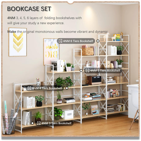 4NM 6 Tiers No Assembly Book Shelves, 61.8" H Folding Bookshelf Bookcase Open Industrial Foldable Shelves for Bedroom, Living Room, Home Office - Natural White 4NM