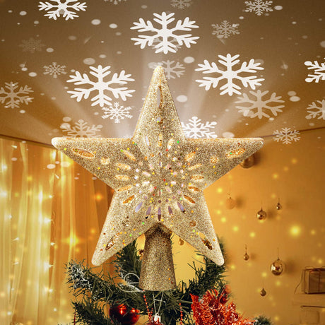 Christmas Star Tree Topper with Built-in Led Snowflake Projector Lights Hollowed Pentagram Tree Topper,Plug in Christmas Tree Ornament for Indoor Office Xmas New Year Holiday Tree Decoration Brightown