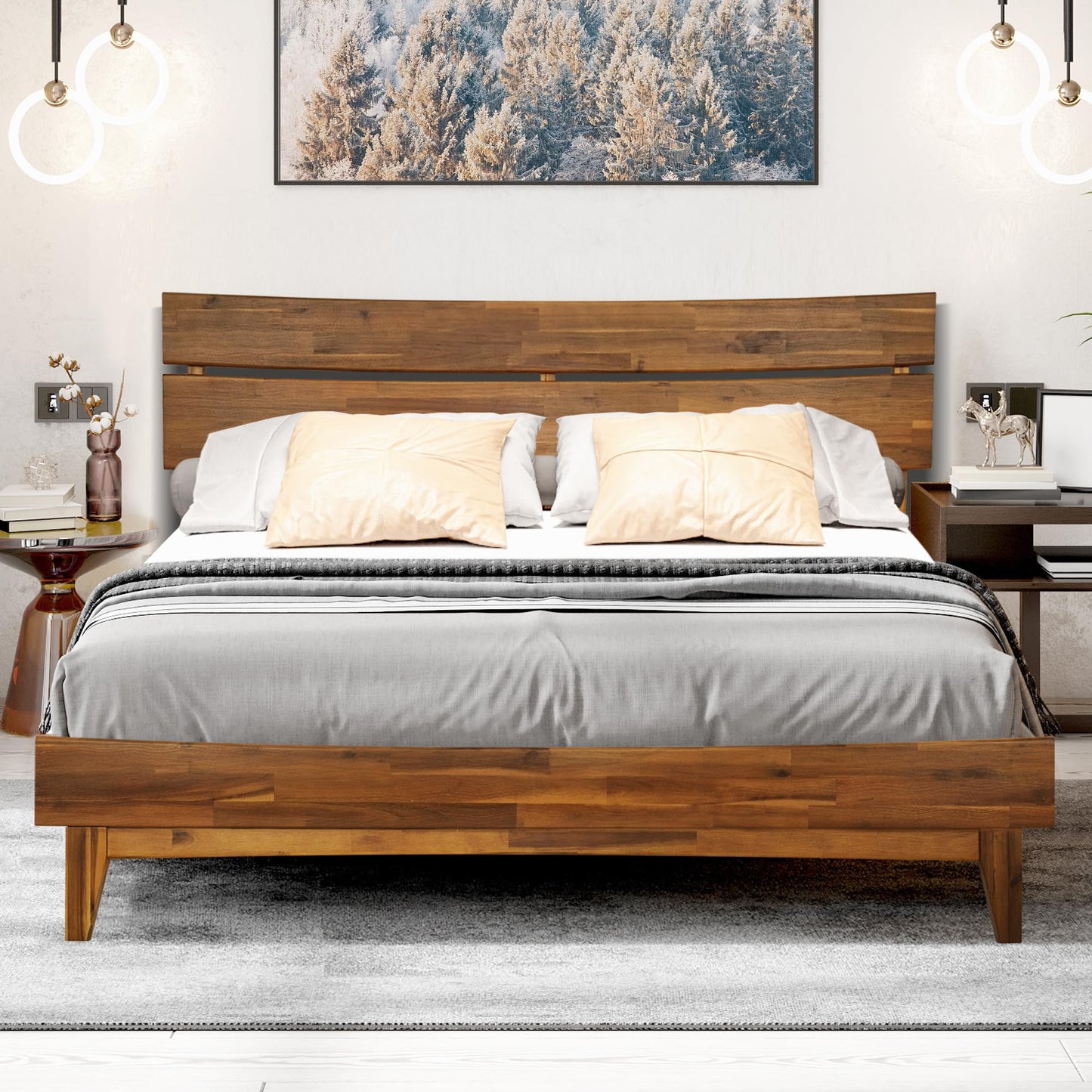 Acacia Aurora Wooden Bed Frame, 100% Solid Wood Platform Bed with Headboard, All Mattress Support & No Box Spring Needed, Effortless Assembly, 800