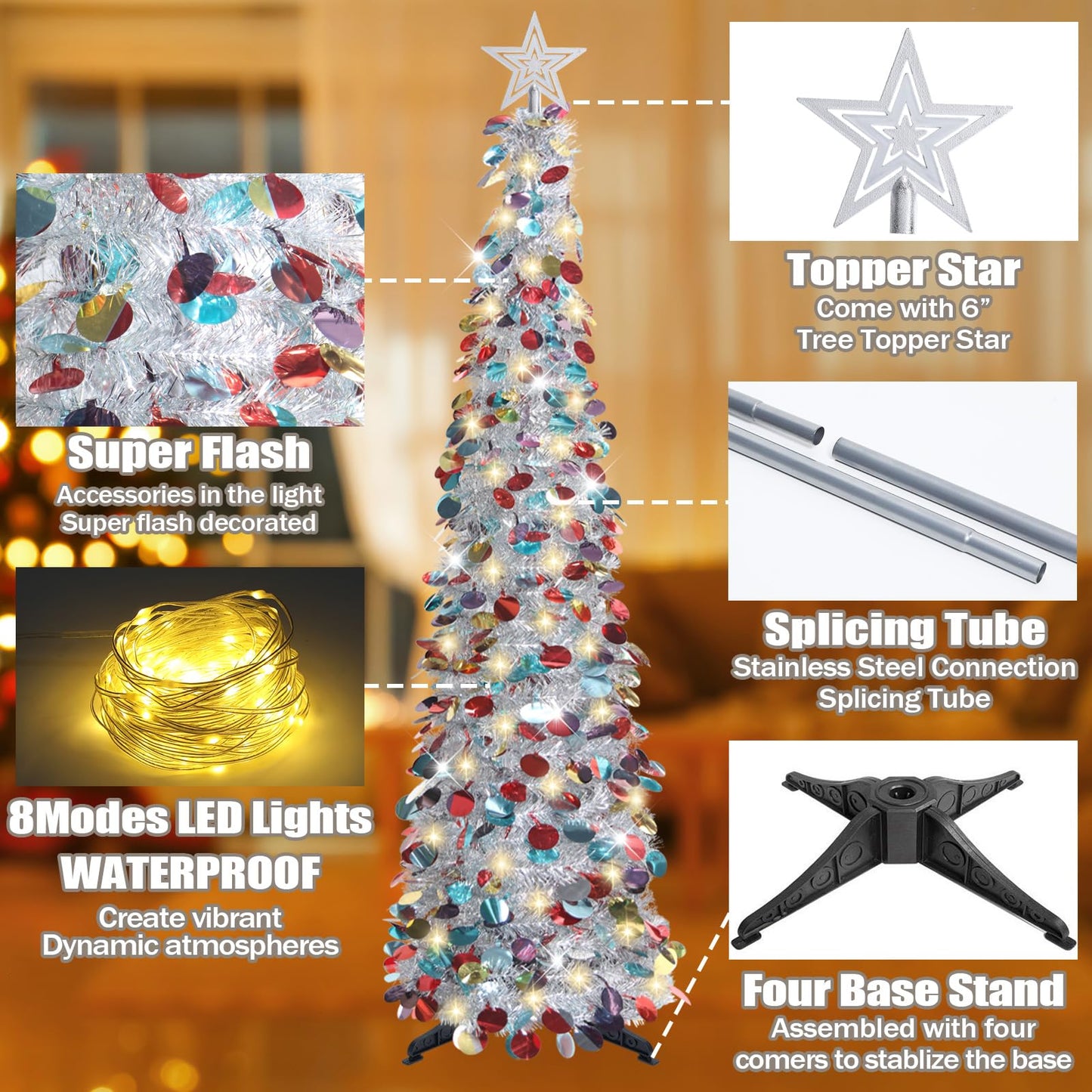 HMASYO 5 FT Pop Up Christmas Tree with Timer Lights, Sliver Tinsel Christmas Tree, Collapsible Artificial Pencil Christmas Tree for Indoor Home Apartment Porch Office Holiday Party Decorations