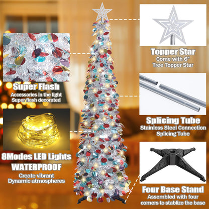 HMASYO 5 FT Pop Up Christmas Tree with Timer Lights, Sliver Tinsel Christmas Tree, Collapsible Artificial Pencil Christmas Tree for Indoor Home Apartment Porch Office Holiday Party Decorations