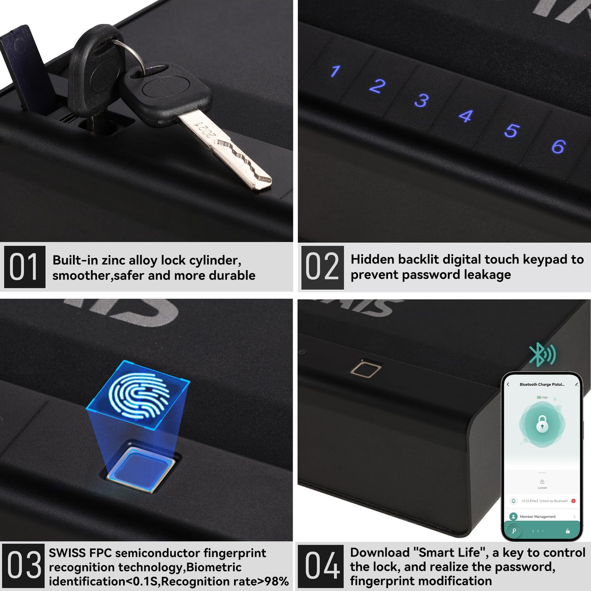 NASTAIS Biometric Gun Safe for 2 Pistols, Handgun safe, 4 Ways 0.1s Quick Access with APP/Fingerprint/Passcode/Key Unlock, Gun Lock Box for Home Bedside Nightstand Cloakroom Car NASTAIS