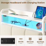 Rolanstar Bed Frame Twin Size with Charging Station and LED Lights, Upholstered Headboard with Storage Shelves, Heavy Duty Metal Slats, No Box Spring Need, Noise Free, Easy Assembly, White Rolanstar