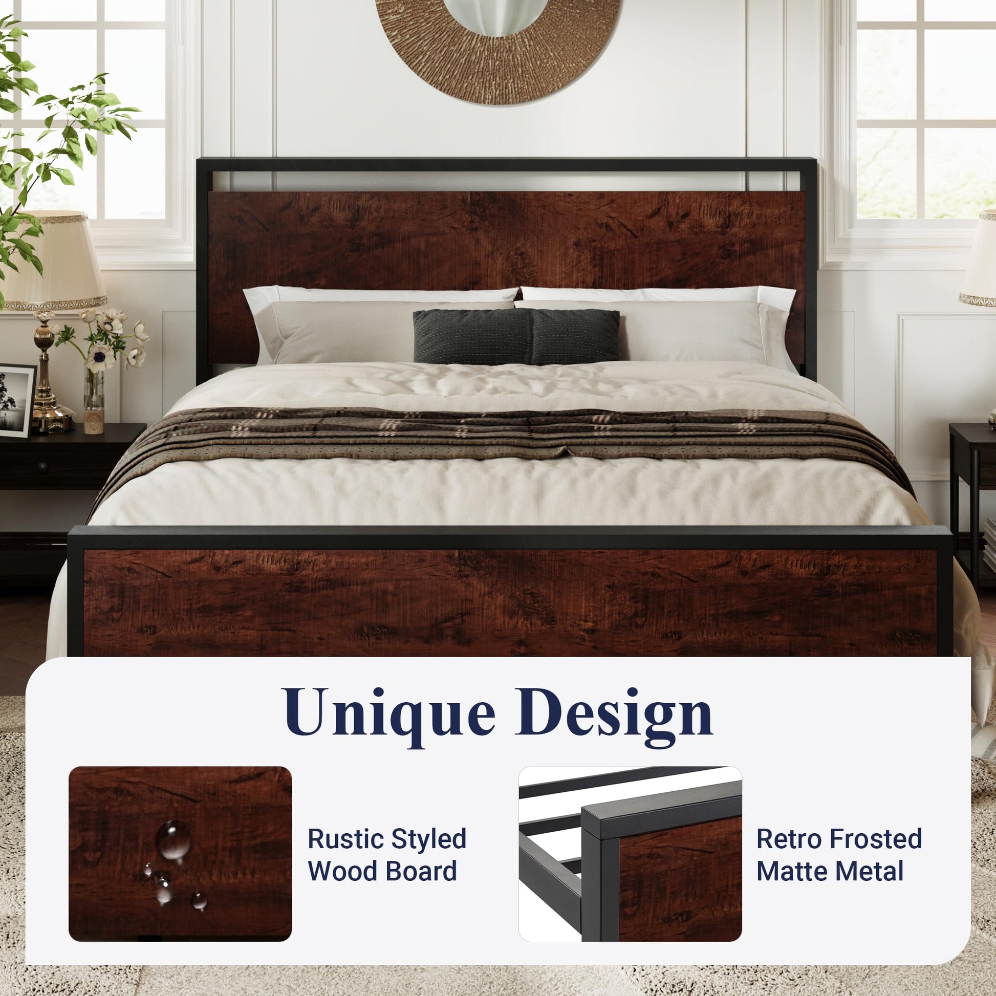 Allewie Queen Size Heavy Duty Platform Bed Frame with Elegant Wooden Headboard and Footboard in Mahogany - WoodArtSupply