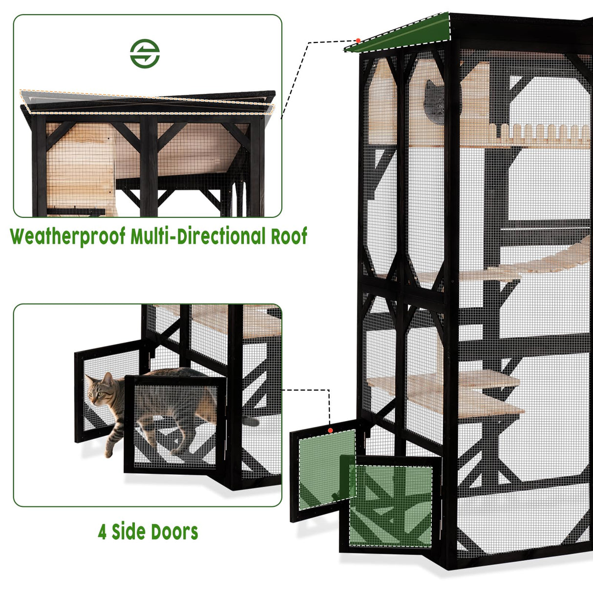Catio Outdoor Cat Enclosure Wooden Cat House for Mulitiple Cats Walk-in Cage Window Acess with Heavy Duty Weather-Proof Asphalt Roof nicedday