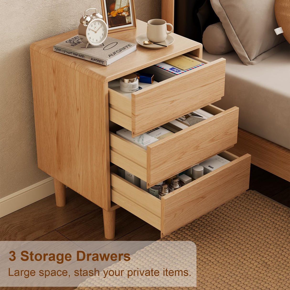 Tall Nightstand with 3 Drawer Natural Wood Nightstand,Solid Wood Nightstand,Mid Century Modern Nightstand Side Table,Modern Wood Night Stand End Table,Wooden Bedside Table for Bedroom,Living Room AnywaysWood
