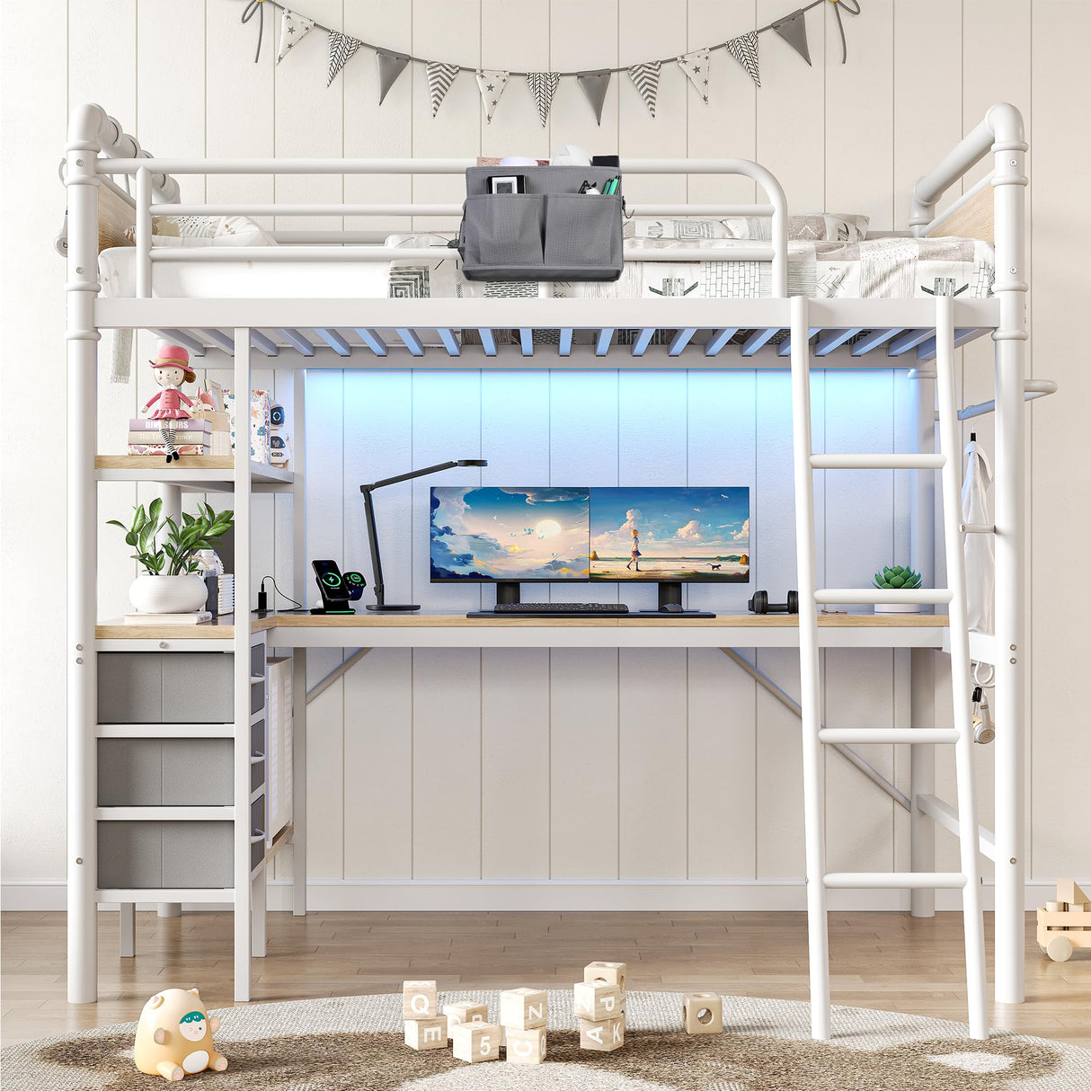 Jocoevol Twin Size Heavy Duty Metal Loft Bed with L-Shaped Desk, LED Lights,Charging Station, Industrial Loft Bed Frame with 3 Storage Shelves and 3 Fabric Drawers, Safety Guard & Ladder (White) Jocoevol