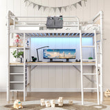 Jocoevol Twin Size Heavy Duty Metal Loft Bed with L-Shaped Desk, LED Lights,Charging Station, Industrial Loft Bed Frame with 3 Storage Shelves and 3 Fabric Drawers, Safety Guard & Ladder (White) Jocoevol