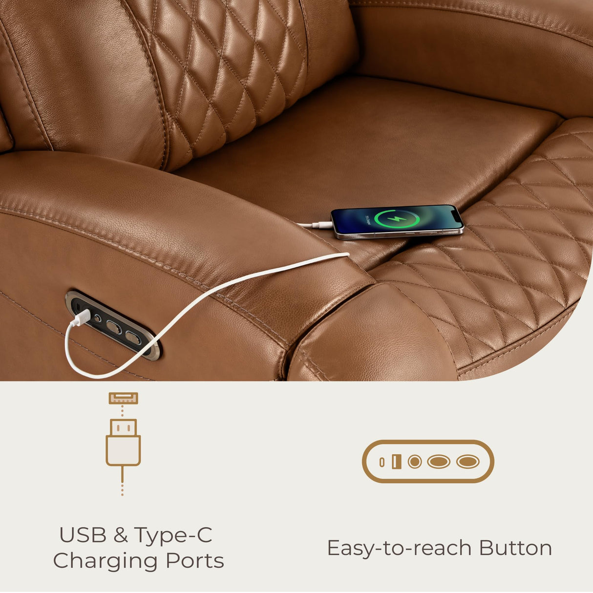 CHITA Genuine Leather Recliner Chair for Adults with Adjustable Power Headrest, Lay Flat Power Recliner with Slide-Out Cupholders & USB/Type-C Ports, Living Room Chair, Saddle CHITA