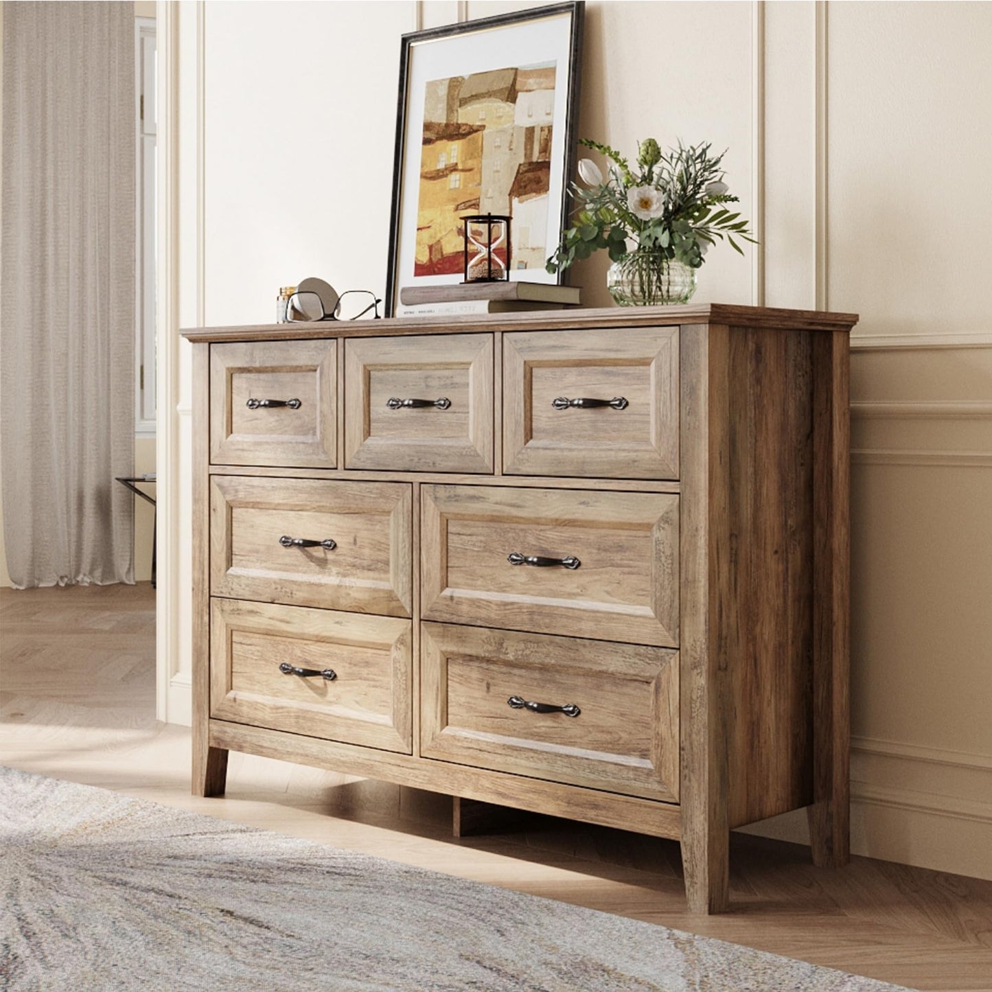 LINSY HOME Dresser for Bedroom, Long Dresser with 7 Drawers, Wood Chest of Drawers with Metal Handles, Ideal for Living Room, Entryway and Hallway