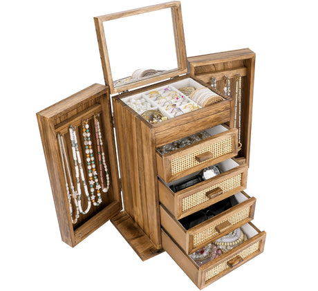 Jewelry Organizer, Rattan Jewelry Box, 5 Layer Wooden Jewelry Organizer Box with Mirror, Jewelry Boxes with 4 Drawers for Women Men, Jewelry Storage for Rings Earrings Necklaces Bracelets Watch Miss Rabbit