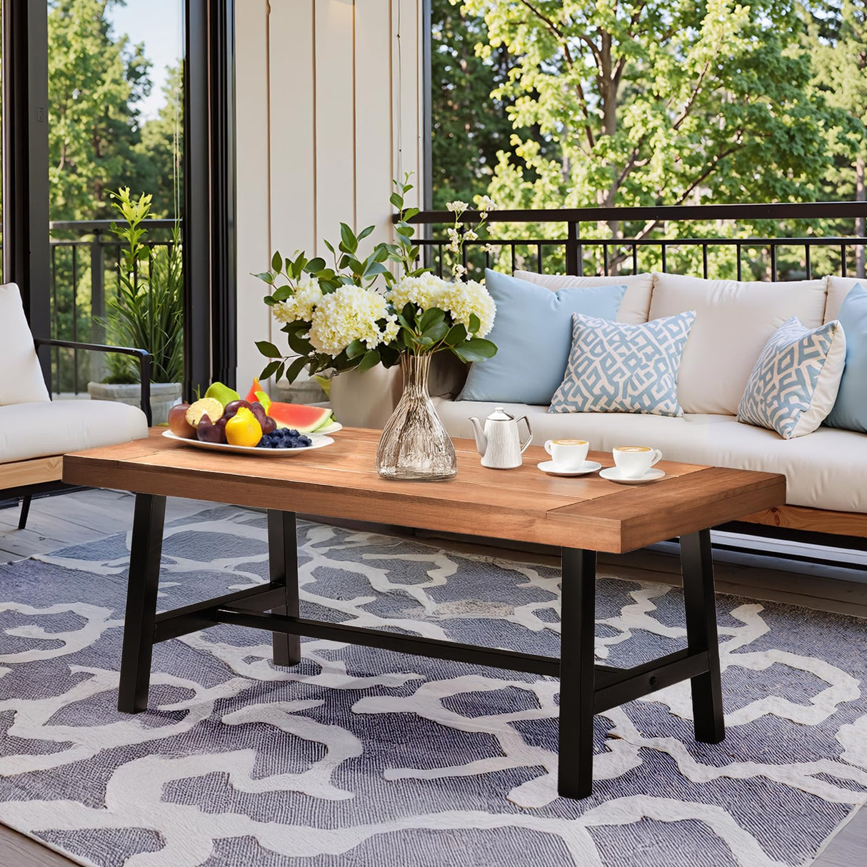 VINGLI Outdoor Wooden Coffee Table, Metal Frame Heavy Duty Patio Coffee Table for Outside, All Weather Solid Wood Low Outdoor Table for Balcony Porch and Deck, Rectangle VINGLI