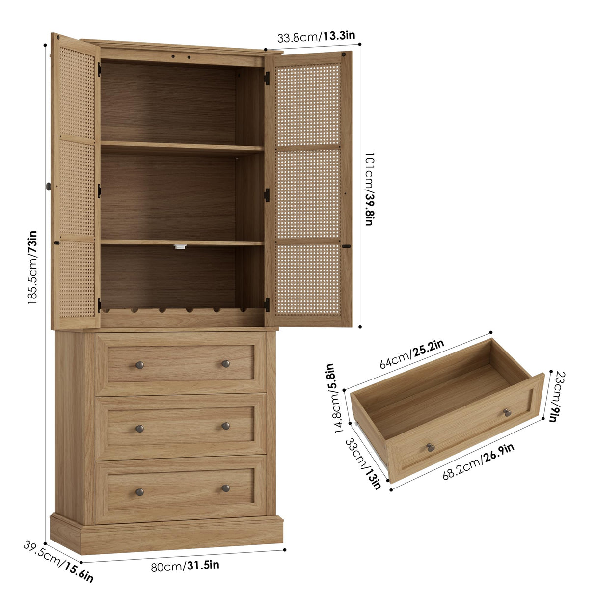 FACBOTALL 73" Tall Kitchen Pantry, Rattan Doors Pantry Cabinet with 3 Drawers and Adjustable Shelf, Large Wood Storage Cabinet, Rustic Wood Cupboard for Kitchen, Dining Room, Bathroom, Walnut FACBOTALL