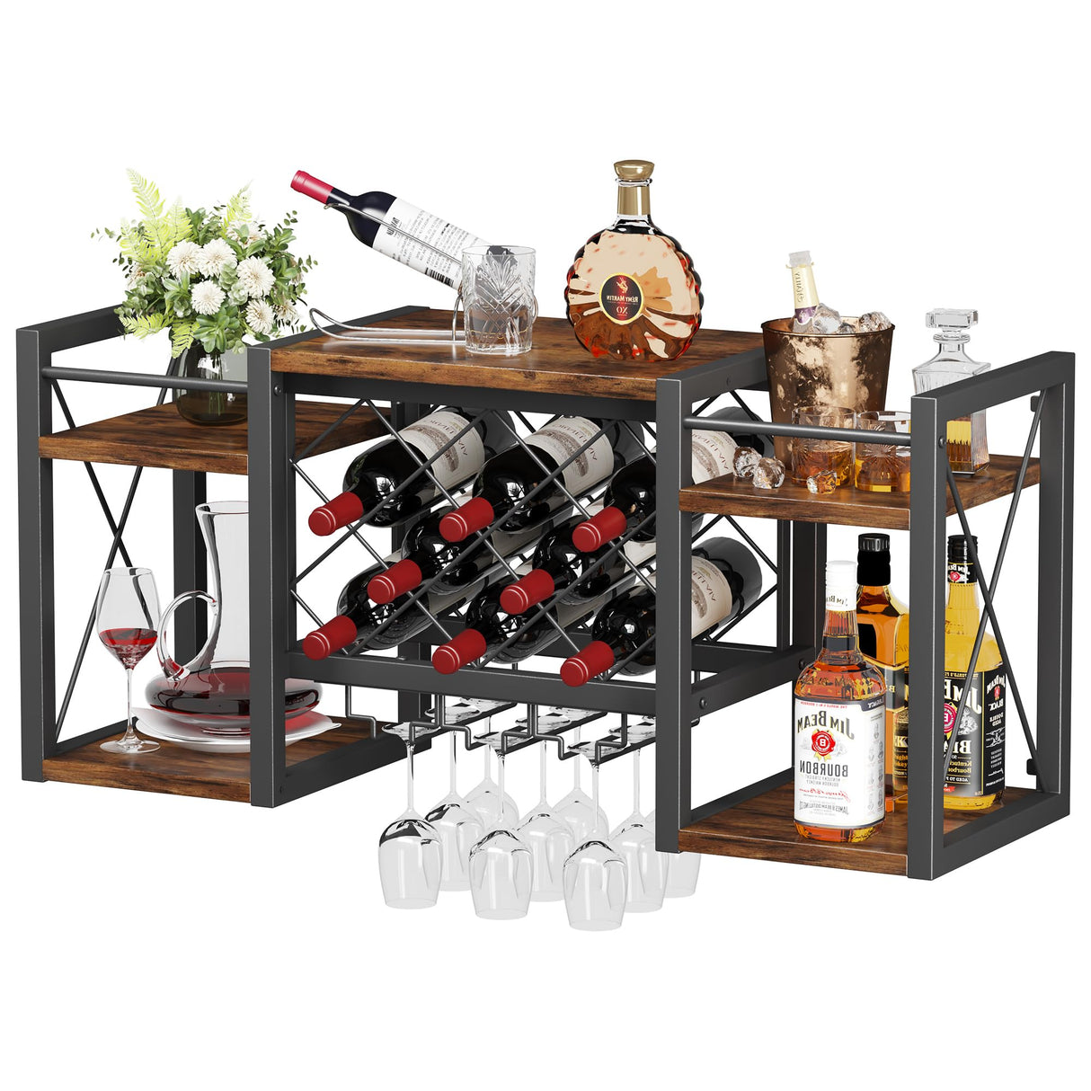 Homeiju Wall Mounted Wine Rack with Glass Holder, Wood-Metal Retro Bar Shelf, Wine Bottles Display Wall Storage for Kitchen Dining Room Home Bar Homeiju