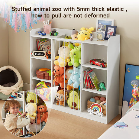 Toddler Stuffed Animal Zoo, Toy Storage Organizer for Playroom, Plush Toy Organizers and Storage, Book Shelf for Kids Rooms, Elastic Band Child Bookcase, Toy Shelf with 8 Storage Cubbies (White) ONBRILL