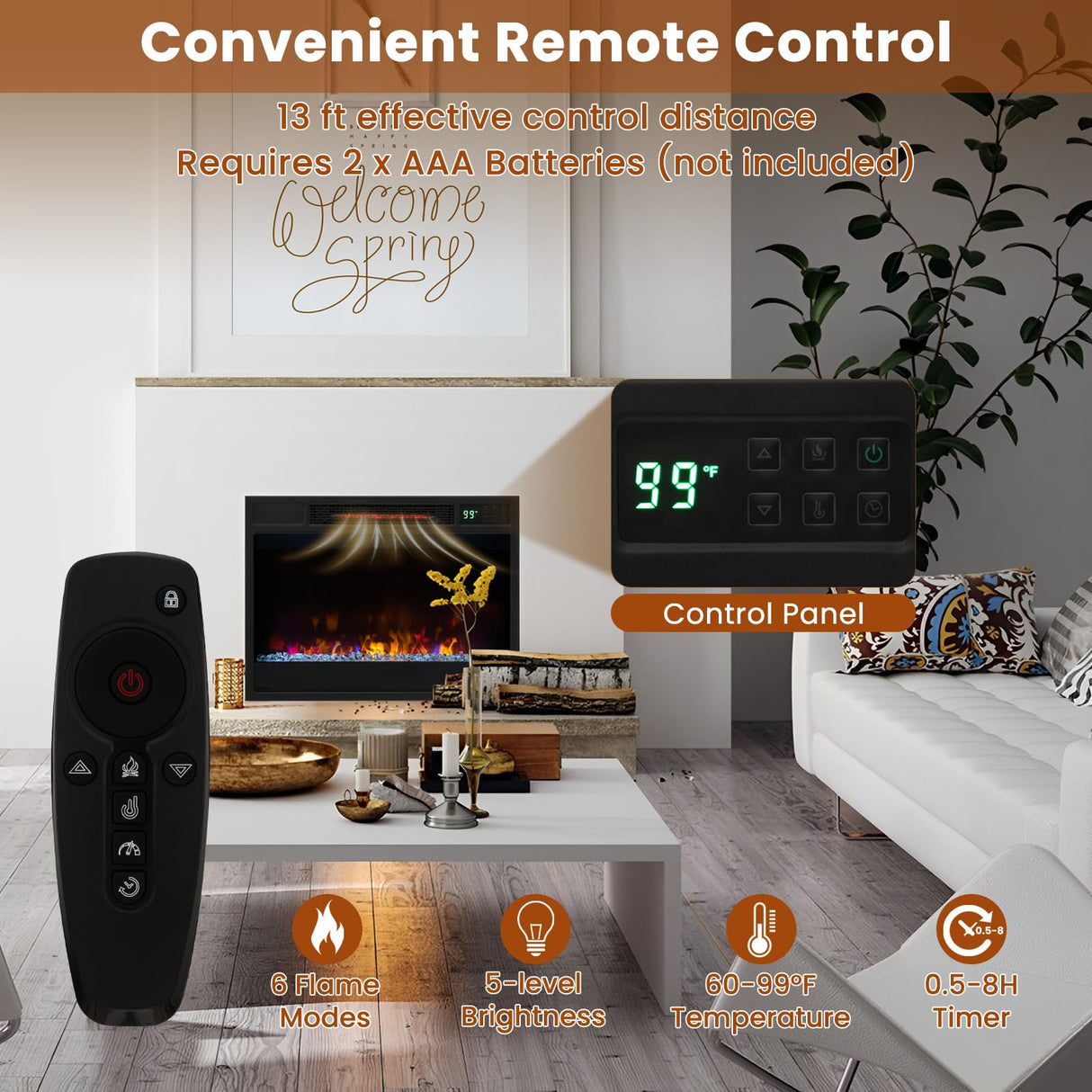 GOFLAME 23 Inch Electric Fireplace Insert, Recessed Quartz Fireplace Heater with 6 Flame Modes & 5 Brightness, Breathable Design, Remote Control, 8H Timer, Overheat Protection, 1500W GOFLAME