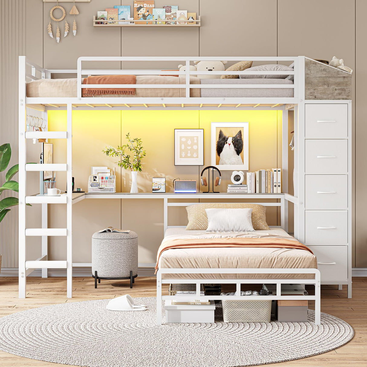 VIAGDO Bunk Bed Twin Over Twin with Hall Tree, Charging Station and LED Lights, L-Shaped Bunk Bed with Desk, 5 Storage Drawers, Twin Bunk Beds with Guardrail & Stairs, No Box Spring Needed, White VIAGDO