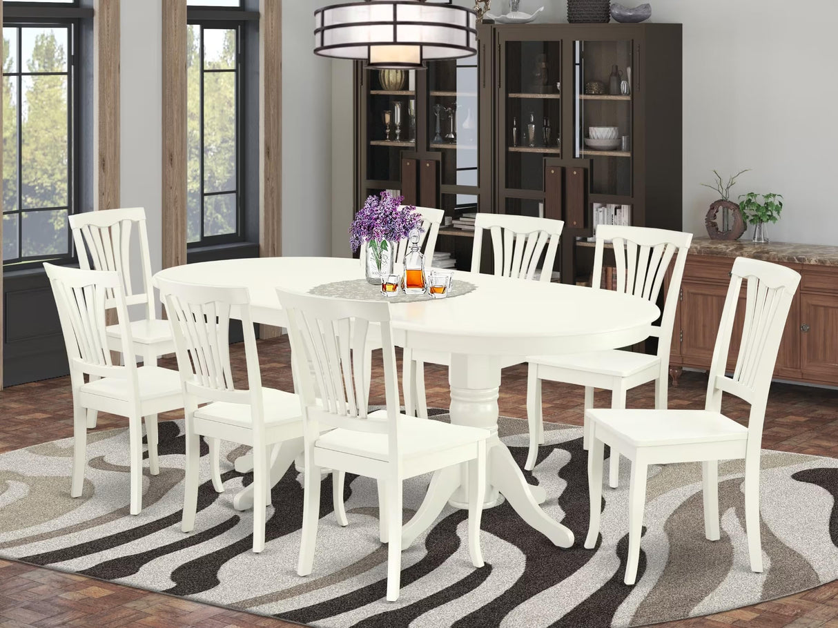 East West Furniture VAAV9-LWH-W 9 Piece Kitchen Table & Chairs Set Includes an Oval Dining Room Table with Butterfly Leaf and 8 Solid Wood Seat Chairs, 40x76 Inch, Linen White East West Furniture