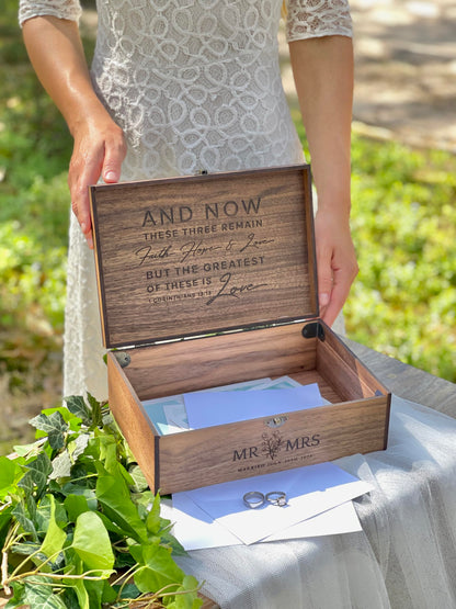 Custom Personalized Wooden Keepsake box - Wedding Card box, Anniversary, Engagement Gift for Couple, Bride, Groom, Wood Memory gift box (Walnut)
