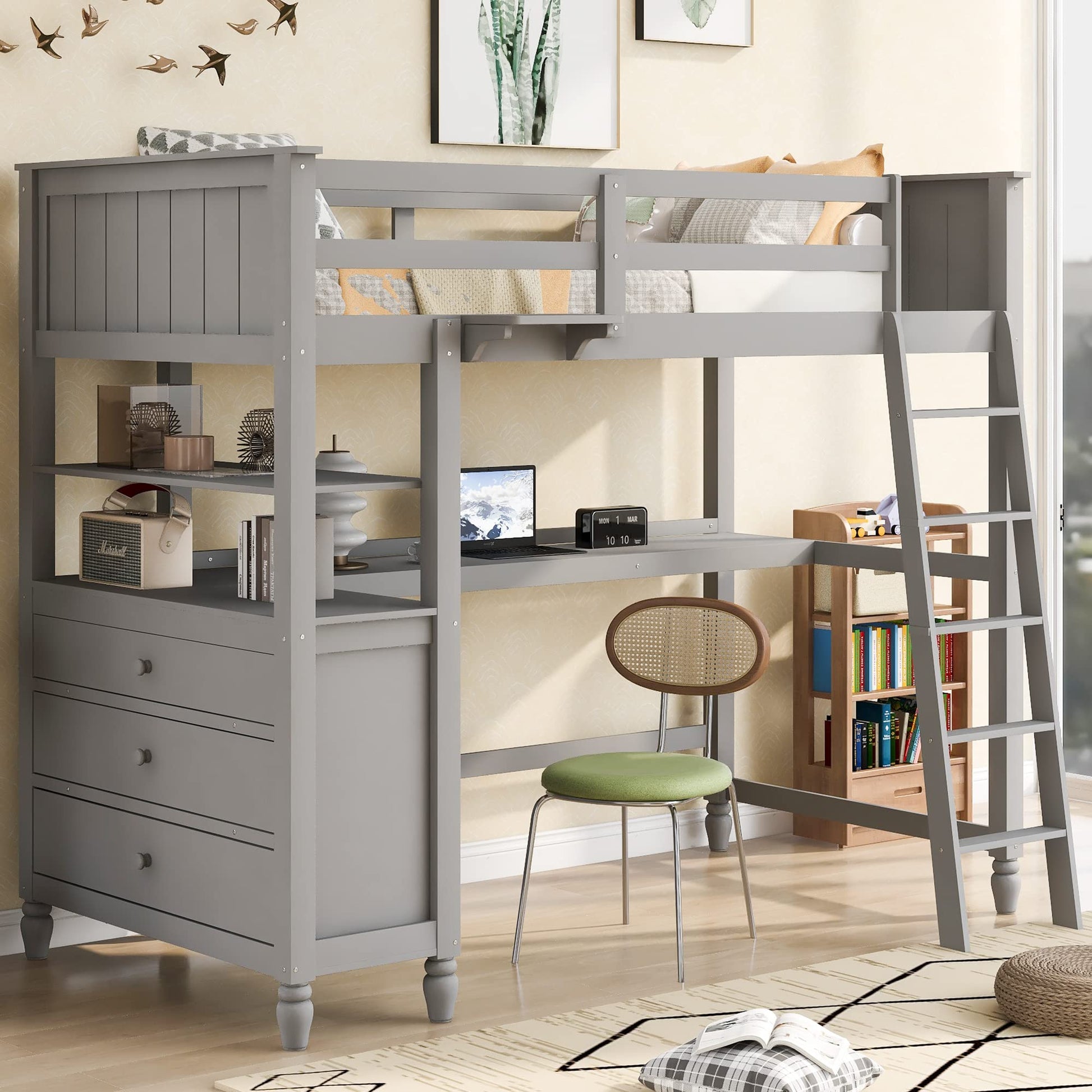 Bellemave Grey Loft Bed with Desk and Storage for Kids and Teens - WoodArtSupply