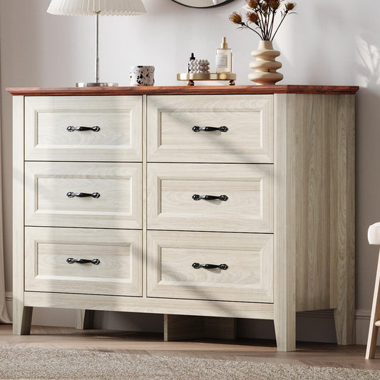 LINSY HOME Farmhouse 6 Drawers Dresser, White Wood Dresser for Bedroom Wide Chest of Drawers, French Country Storage Double Dressers Organizer for Bedroom, Living Room - WoodArtSupply