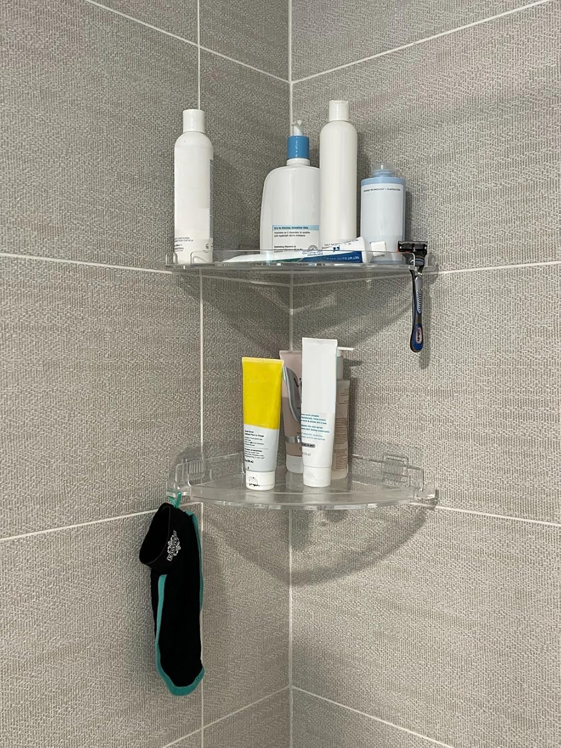 JiePai Acrylic Corner Shower Caddy Shelf with Hooks 2 Pack, Adhesive Wall Mounted Bathroom Shower Organizer for Inside Shower & Kitchen Storage, Space-Saving Design JiePai