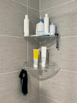 JiePai Acrylic Corner Shower Caddy Shelf with Hooks 2 Pack, Adhesive Wall Mounted Bathroom Shower Organizer for Inside Shower & Kitchen Storage, Space-Saving Design JiePai