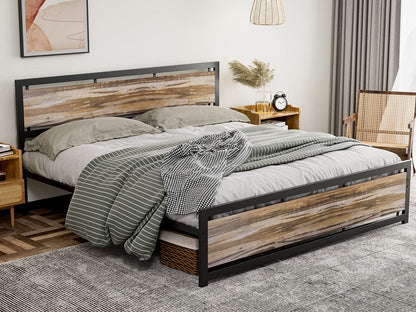 IKIFLY California King Size Industrial Metal Bed Frame with Wooden Headboard and Footboard - WoodArtSupply