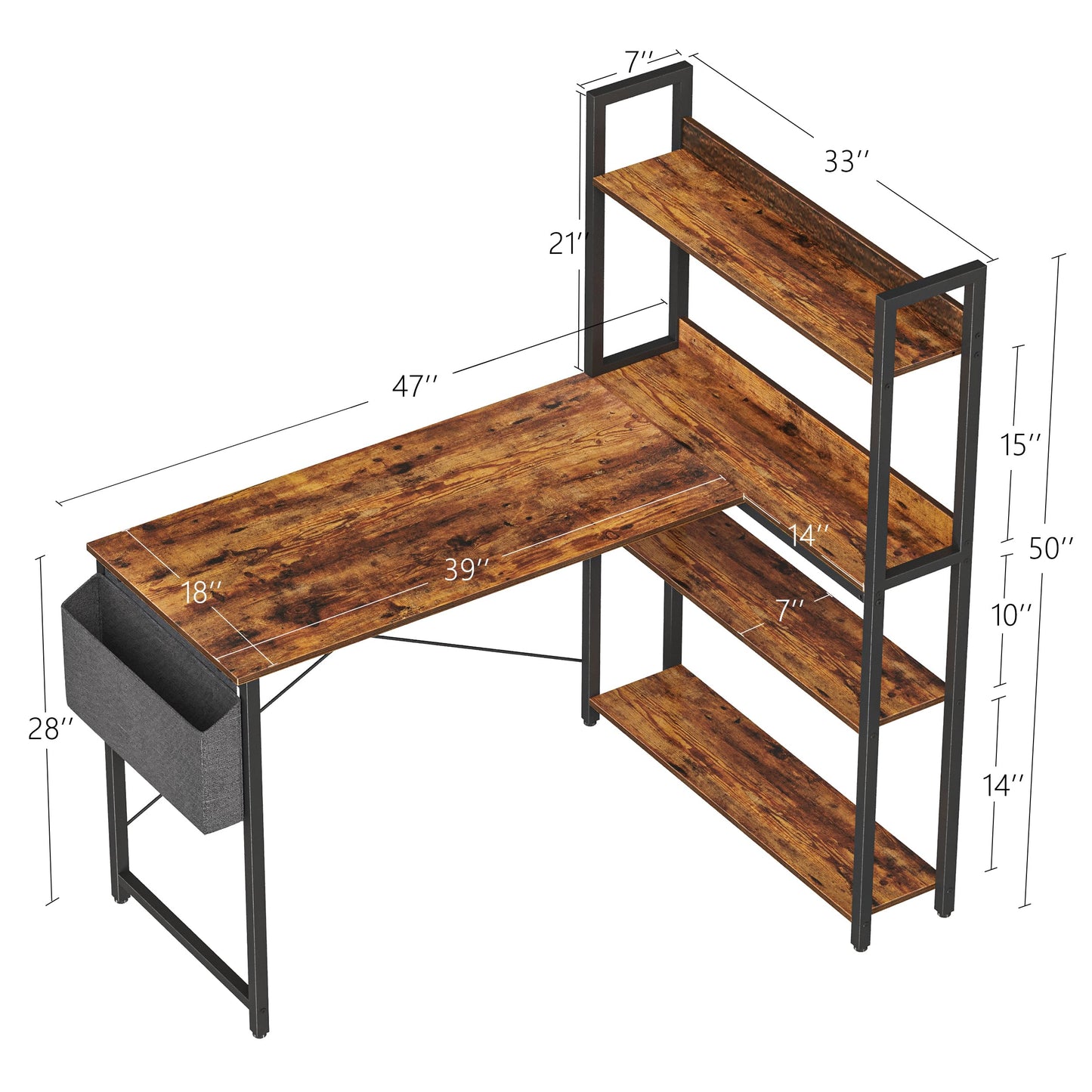 Treesland 47 Inch L-Shaped Computer Desk with Bookshelf and Storage - Brown - WoodArtSupply