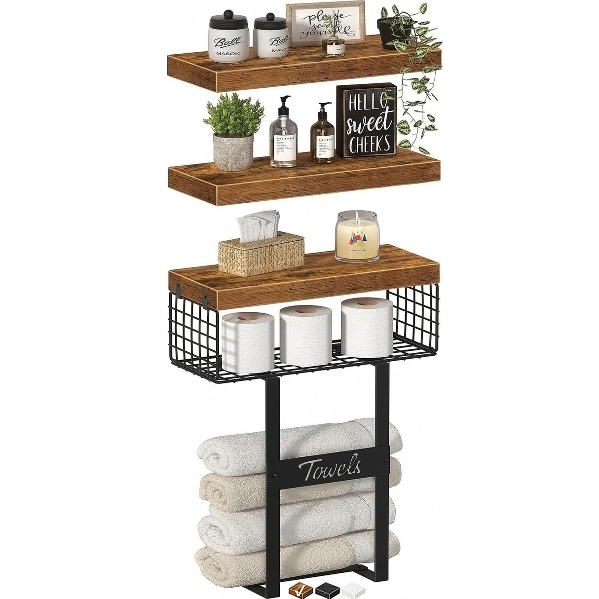 KLUVIS Bathroom Shelves Over Toilet - Floating Shelf for Wall Above Toilet Towels Holder Small Farmhouse Decor Shelves (15.7 inch, Set of 3, Rustic Brown) KLUVIS