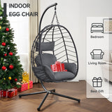 ONBRILL Hanging Egg Chair with Stand, Outdoor Indoor Egg Swing Chair with Cushion Headrest, Wicker Rattan Egg Chair with Dual Chains, 350LBS Capacity for Patio, Porch, Balcony, Bedroom (Dark Gray) ONBRILL