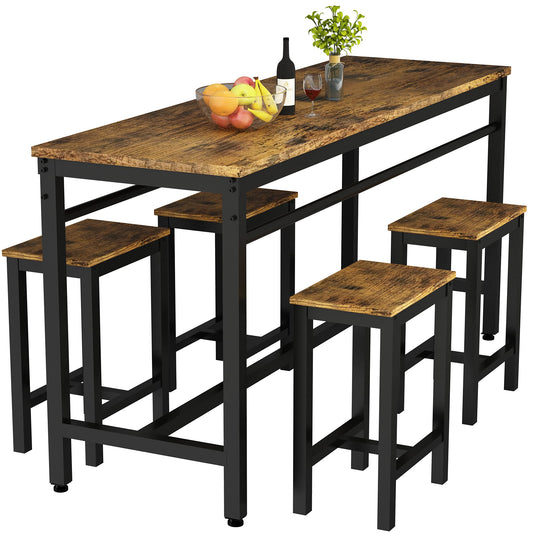 MIERES 5-Piece Rustic Brown Dining Table Set for 4 with Sturdy Metal Frame