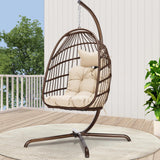BULEXYARD Hanging Egg Swing Chair with Stand Indoor Outdoor 350lbs Capacity, Brown Wicker Hammock Egg Basket Chair with Beige Thickened Cushion for Bedroom Balcony Garden Porch Patio BULEXYARD