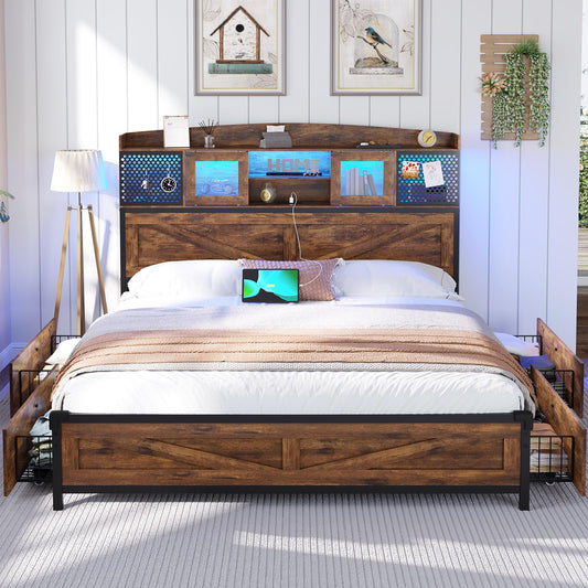 BTHFST Rustic Brown Queen Bed Frame with Storage Headboard, 4 Drawers, and LED Lights - WoodArtSupply