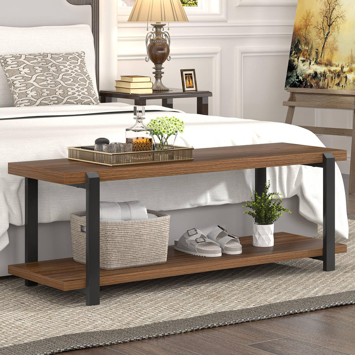 FOLUBAN Entryway Bench with Shoe Storage, Modern End of Bed Bench, Wood and Metal Entry Bench for Hallway Front Door Entrance, Industrial Indoor Bench for Bedroom Living Room, Rustic Walnut, 47 Inch FOLUBAN